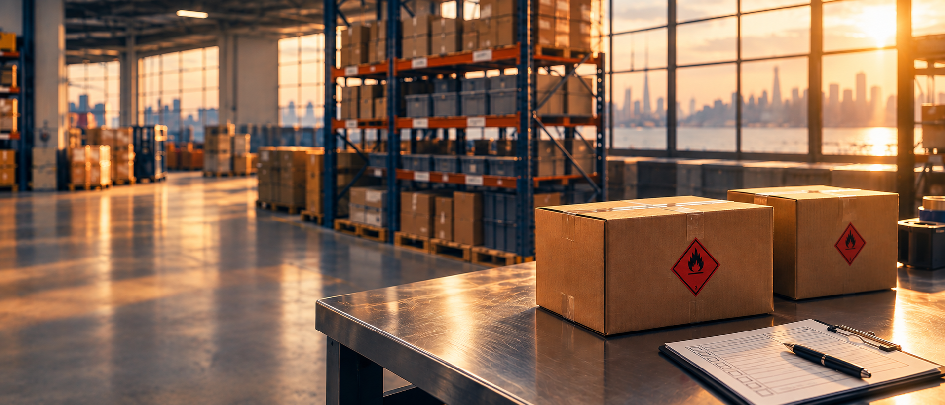 Dangerous goods shipping boxes labeled with Class 3 Flammable hazard placards on a warehouse workbench at sunset, with a compliance checklist and pen beside them