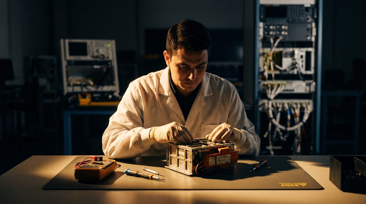 Avionics technician inspecting a lithium battery pack module for an aircraft emergency locator transmitter