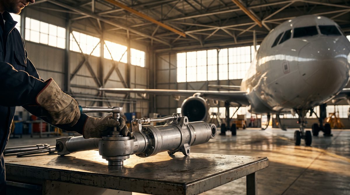 Aerospace MRO technician inspecting a pressurized aircraft hydraulic actuator in a hangar, commercial aircraft fuselage in the background