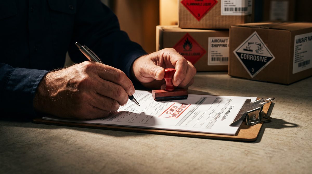 Dangerous goods specialist signing and stamping a Shipper's Declaration for an aircraft parts shipment, hazard-labeled boxes in background
